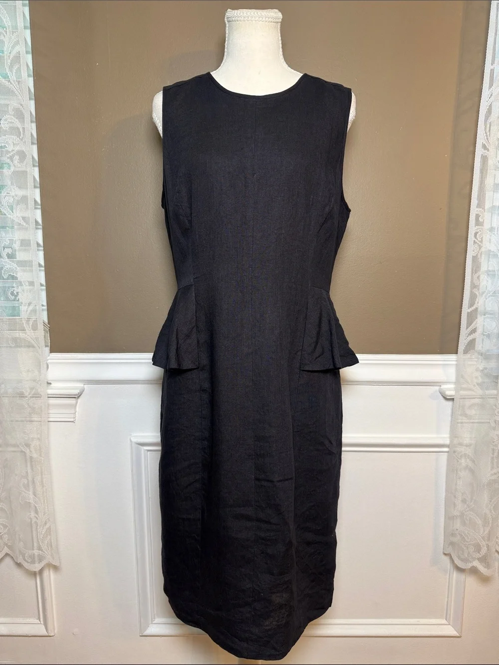 J.Crew Black 100% Linen Peplum Sheath Dress Size 12 Classic Office